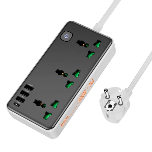 Мережевий фільтр HOCO AC7A на 3 розетки + 3 USB+USB-C, 17W, 220В, кабель 1,5м, Black / White, Box