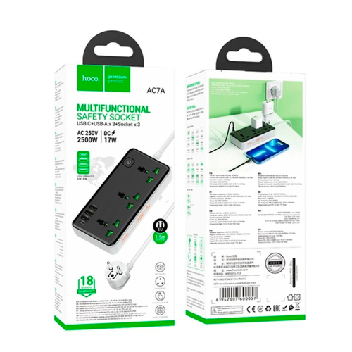Мережевий фільтр HOCO AC7A на 3 розетки + 3 USB+USB-C, 17W, 220В, кабель 1,5м, Black / White, Box