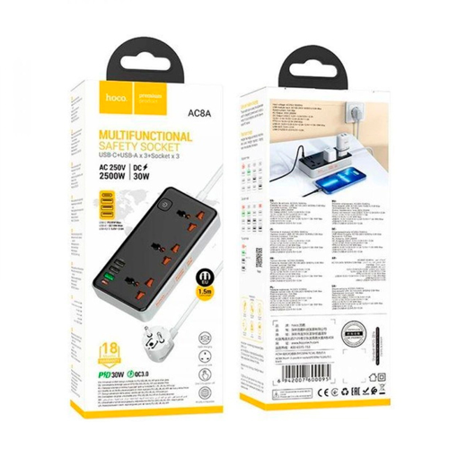 Мережевий фільтр HOCO AC8A на 3 розетки + 3 USB+USB-C, 30W, 220В, кабель 1,5м, Black / White, Box