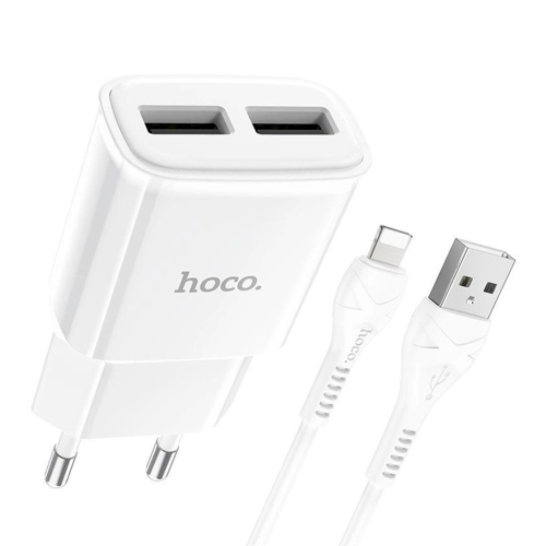 Набір СЗУ 110-240V HOCO C88A + кабель Lighting, 2xUSB, 2.4A, кабель 1м, White, Box