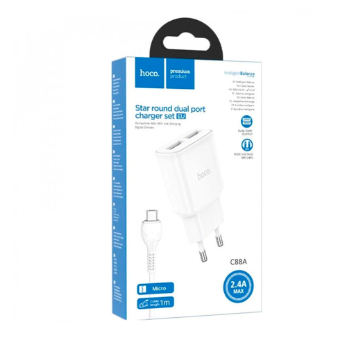 Набір СЗУ 110-240V HOCO C88A + кабель Micro, 2xUSB, 2.4A, кабель 1м, White, Box
