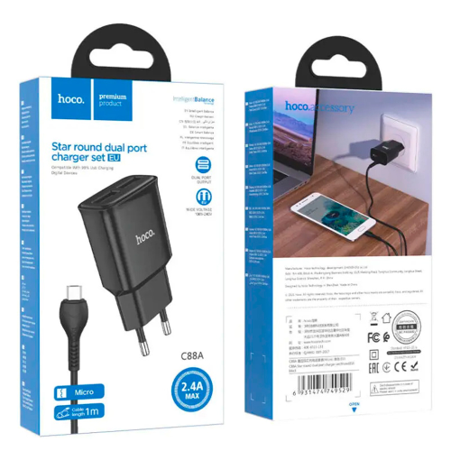 Набір СЗУ 110-240V HOCO C88A+ кабель Micro, 2xUSB, 2.4A, кабель 1м, Black, Box