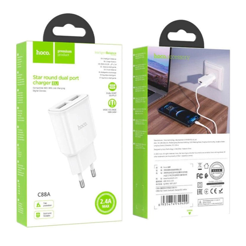 СЗУ 110-240V HOCO C88A, 2xUSB, 2.4A, White, Box