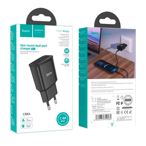 СЗУ 110-240V HOCO C88A, 2xUSB, 2.4A, Black, Box