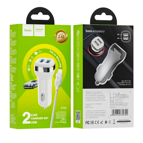 Набір АЗУ 12-24V HOCO Z40 кабель Micro, 2xUSB, 2.4A, кабель 1м, White, Box