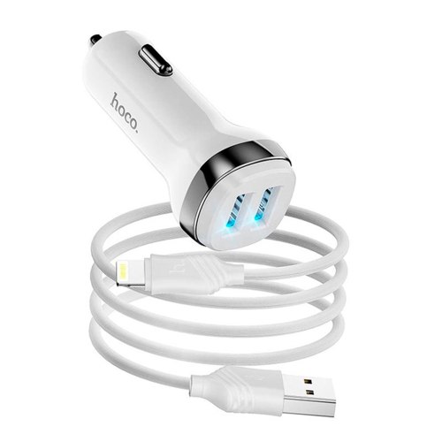 Набір АЗУ 12-24V HOCO Z40 + кабель Lighting, 2xUSB, 2.4A, кабель 1м, White, Box