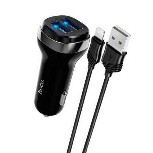 Набір АЗУ 12-24V HOCO Z40 + кабель Lighting, 2xUSB, 2.4A, кабель 1м, Black, Box