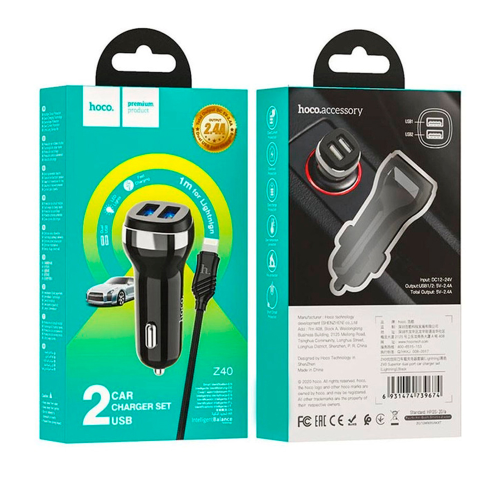 Набір АЗУ 12-24V HOCO Z40 + кабель Lighting, 2xUSB, 2.4A, кабель 1м, Black, Box