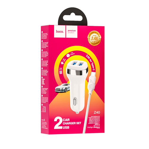 Набір АЗУ 12-24V HOCO Z40 + кабель Type-C, 2xUSB, 2.4A, кабель 1м, White, Box