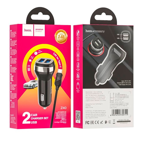 Набір АЗУ 12-24V HOCO Z40+ кабель Type-C, 2xUSB, 2.4A, кабель 1м, Black, Box