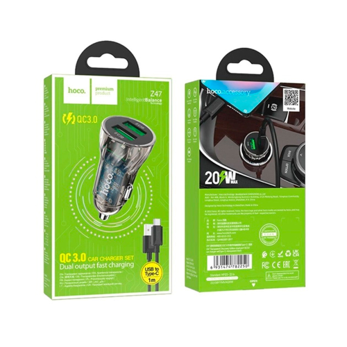 Набір АЗУ 12-24V HOCO Z47 кабель Type-C, 2xUSB 3.0, 2.4A, кабель 1м, Black, Box