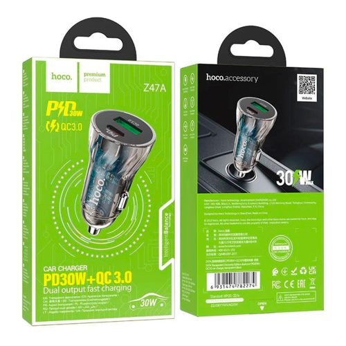 АЗУ 12-24V HOCO Z47A, USB 3.0+USB-C, 3A, Black, Box