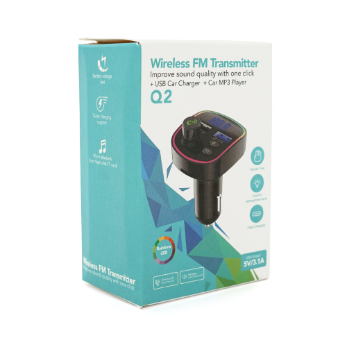 FM-модулятор Q2 з еквалайзером, 1.5A, FM, USB, TF, 49.5х41х36