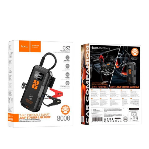 Пусковий прилад для акумулятора автомобіля+ насос HOCO QS2, Power Bank 8000mAh, 2xUSB+ Type-C, корпус пластик, Box