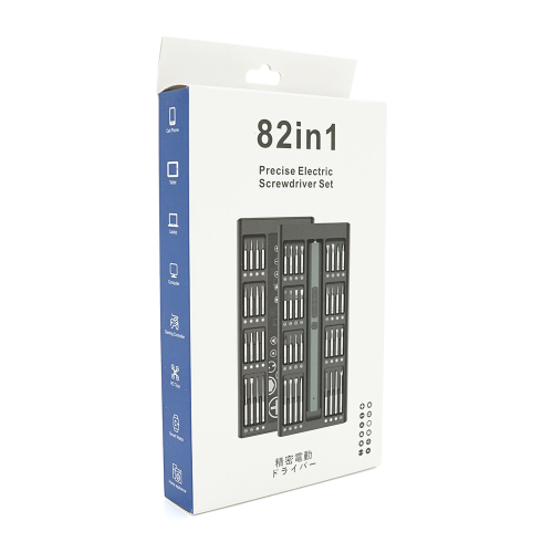 Набір електричної викрутки + біти 82-in-1, довжина тримача інструменту 180 мм, біти T3 магнітна, алюміній, Box