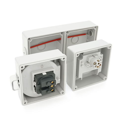 Вимикач + розетка зовнішнього монтажу, двосторонній висновок, IP65, AC: 250V, 16A, Grey