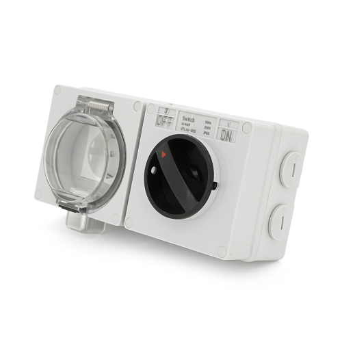 Вимикач + розетка зовнішнього монтажу, двосторонній висновок, IP65, AC: 250V, 16A, Grey