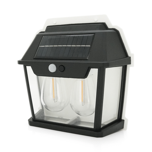 Вуличний ліхтар YT9992 c сонячною панеллю+датчик руху, 2 лампи, вбудований аккум, кріплення на стіну, Black, Box