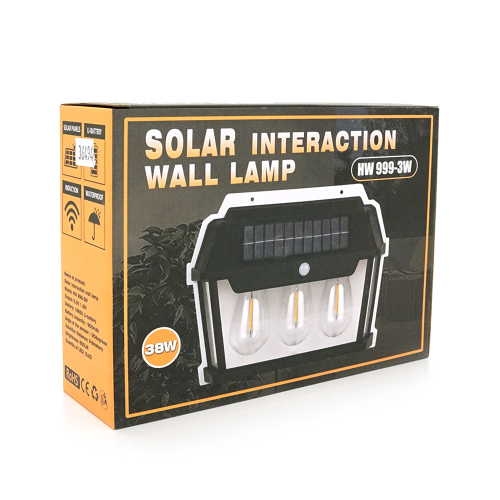 Вуличний ліхтар YT9993 c сонячною панеллю+датчик руху, 3 лампи, вбудований аккум, кріплення на стіну, Black, Box