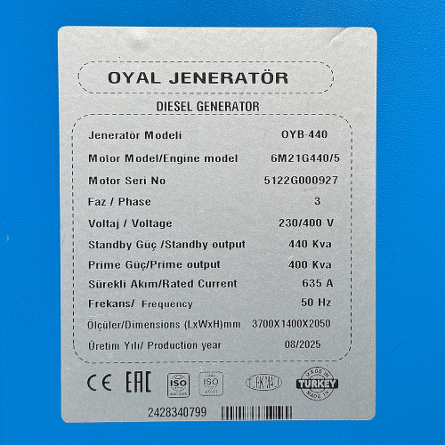 Дизельний генератор OYAL OYB-440 BAUDOUIN 6M16G450-5 440KVA / 360KW, Альтернатор OYL315G, витрата 75% навантаження - 63,5 літрів / год, 230 / 400 В, 50 Гц (AVR+ATS), 4000x1500x2200 мм, 3690 кг, 630 л