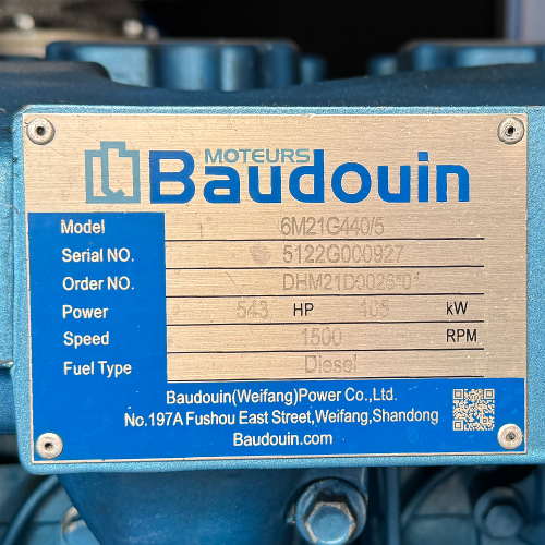 Дизельний генератор OYAL OYB-440 BAUDOUIN 6M16G450-5 440KVA / 360KW, Альтернатор OYL315G, витрата 75% навантаження - 63,5 літрів / год, 230 / 400 В, 50 Гц (AVR+ATS), 4000x1500x2200 мм, 3690 кг, 630 л