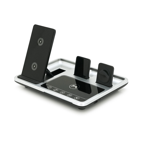 Бездротова зарядка+годинник R-11 4в1, під телефон+годинник+навушники, Black / Silver, Box