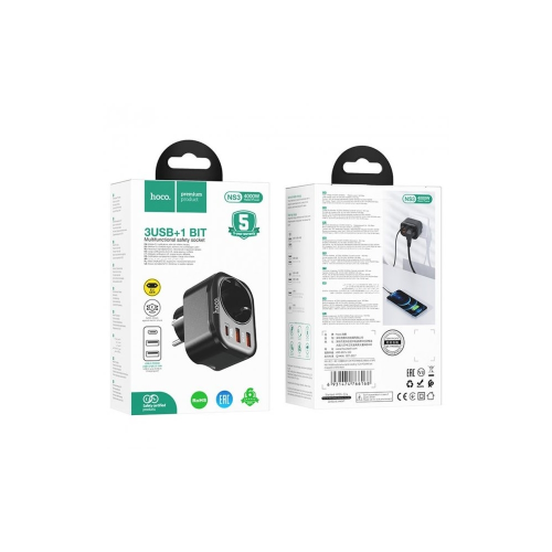 Мережевий фільтр HOCO NS3 на 1 розетку + 2 USB + USB-C, 20W, 220В, Black