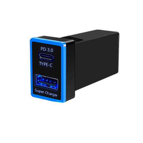 АЗУ врізне 60W-D01T03-Fuse, PD+QC, Type-C: 30W, USB: 30W, LED підсвічування, комплект проводів під паяння з запобіжником, 33x22х58mm, Black