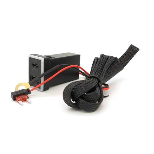 АЗУ врізне 60W-D01T03-Fuse, PD+QC, Type-C: 30W, USB: 30W, LED підсвічування, комплект проводів під паяння з запобіжником, 33x22х58mm, Black