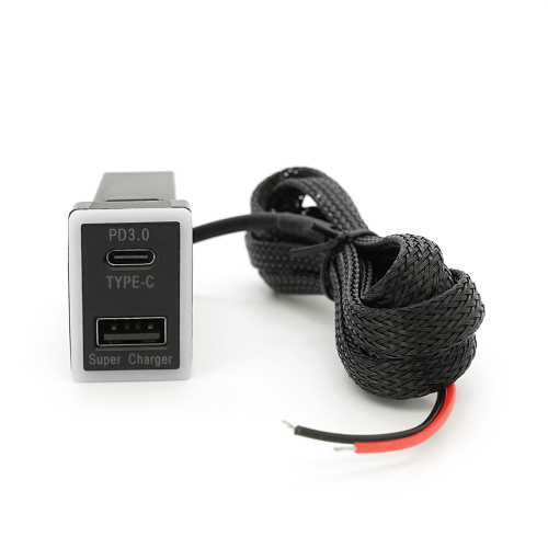 АЗУ врізне 60W-D01T03-S, PD+QC, Type-C: 30W, USB: 30W, LED підсвічування, комплект проводів під паяння, 33x22х58mm, Black