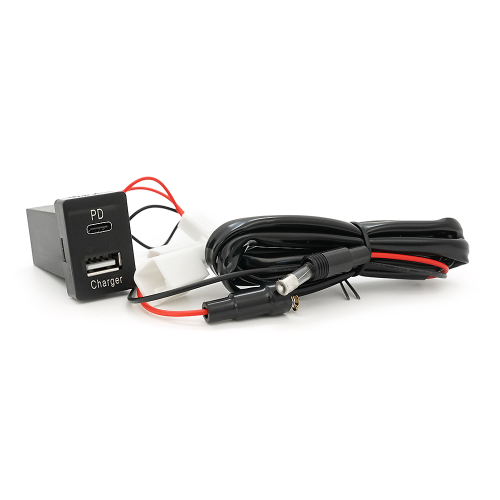 Flush-mounted car charger 38W-L01T03-Fuse, PD+QC, Type-C: 20W, USB: 18W, soldering wire kit with fuse, 33x22x58mm, Black