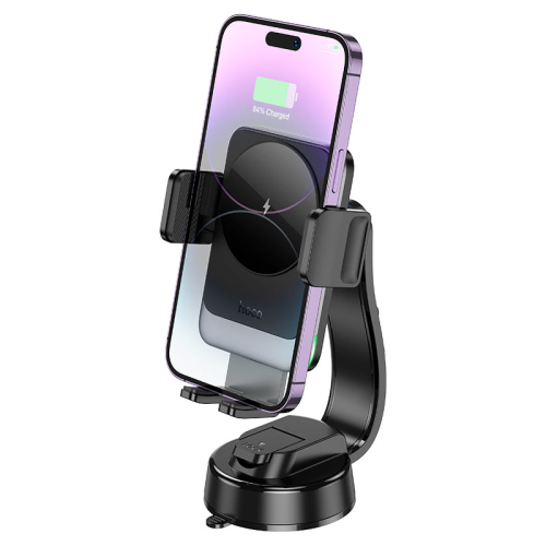 Автоутримувач HOCO HW14+ Wireless Charging 15W, кріплення на торпеду, затискач 55-90мм, Black, Box