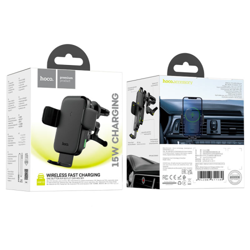 Автоутримувач HOCO HW10+ Wireless Charging 15W, кріплення на решітку, затискач 50-90мм, Black, Box