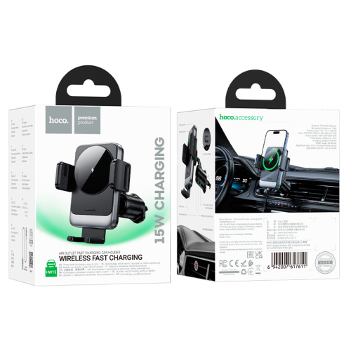 Автоутримувач HOCO HW13+ Wireless Charging 15W, кріплення на решітку, затискач 50-90мм, Black, Box