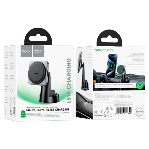 Автотримач HOCO HW16+ Wireless Charging 15W, кріплення на торпеду, магніт, Black, Box