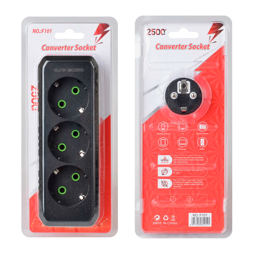 Розетка трійник із заземленням F101-Black, 3 розетки, 2500W, 10A, 110-250V~Max, Blister