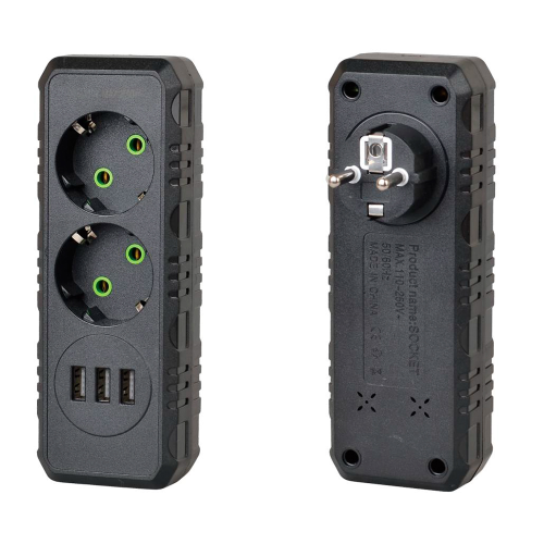 Розетка трійник із заземленням F102-Black, 2 розетки+3USB(1А), 2500W, 10A, 110-250V~Max, Blister