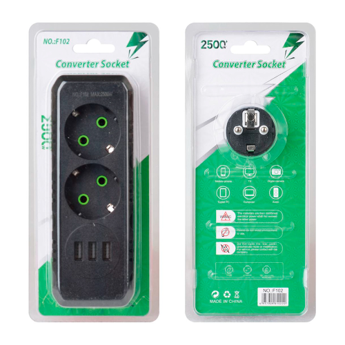 Розетка трійник із заземленням F102-Black, 2 розетки+3USB(1А), 2500W, 10A, 110-250V~Max, Blister