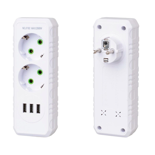 Розетка трійник із заземленням F102-White, 2 розетки+3USB(1А), 2500W, 10A, 110-250V~Max, Blister