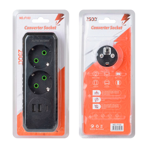 Розетка трійник із заземленням F103-Black, 2 розетки+2USB+1Type-C, 2500W, 10A, 110-250V~Max, Blister