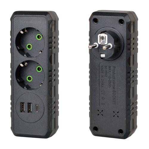 Розетка трійник із заземленням F103-Black, 2 розетки+2USB+1Type-C, 2500W, 10A, 110-250V~Max, Blister