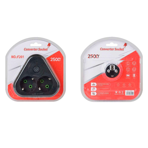 Розетка трійник із заземленням F201-Black з вимикачем, 2 розетки, 2500W, 10A, 110-250V~Max, Blister