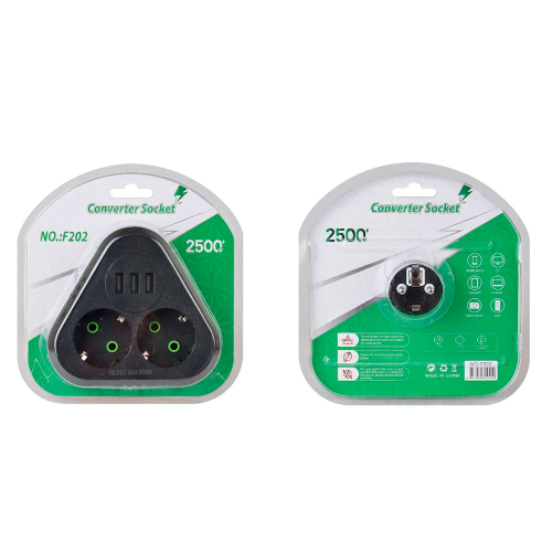 Розетка трійник із заземленням F202-Black, 2 розетки+3USB(1А), 2500W, 10A, 110-250V~Max, Blister