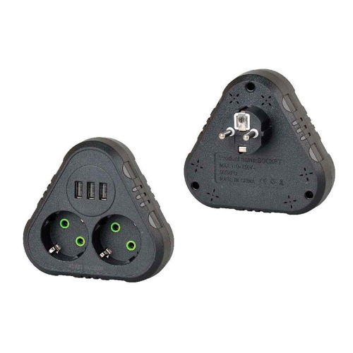 Розетка трійник із заземленням F202-Black, 2 розетки+3USB(1А), 2500W, 10A, 110-250V~Max, Blister
