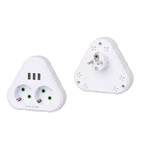 Розетка трійник із заземленням F202-White, 2 розетки+3USB(1А), 2500W, 10A, 110-250V~Max, Blister