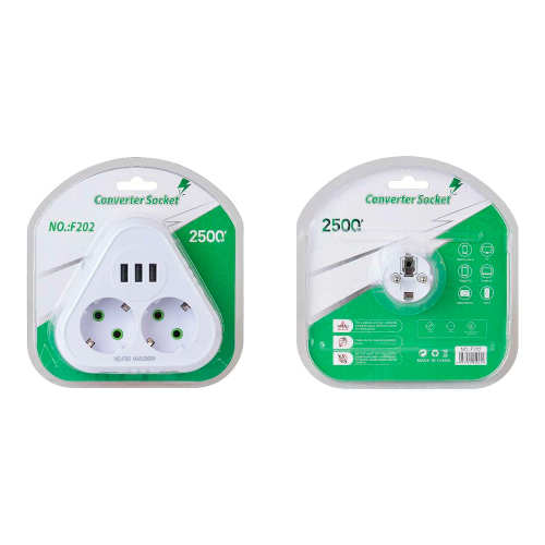 Розетка трійник із заземленням F202-White, 2 розетки+3USB(1А), 2500W, 10A, 110-250V~Max, Blister