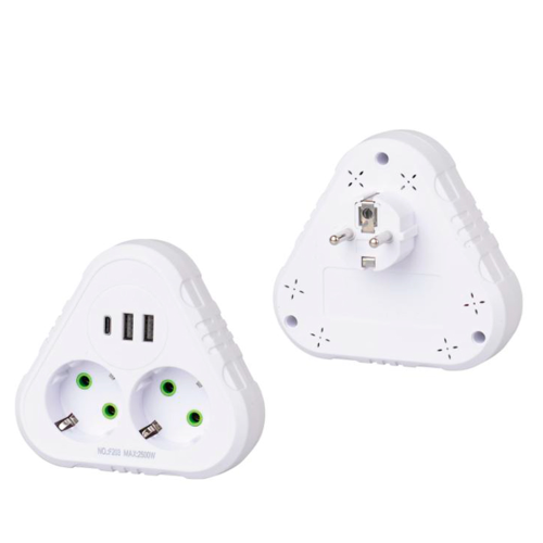 Розетка трійник із заземленням F203-White, 2 розетки+2USB+1Type-C, 2500W, 10A, 110-250V~Max, Blister