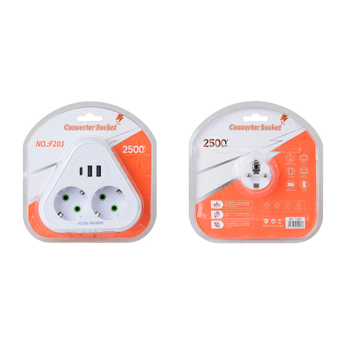 Розетка трійник із заземленням F203-White, 2 розетки+2USB+1Type-C, 2500W, 10A, 110-250V~Max, Blister