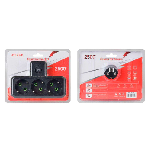 Розетка трійникТ-подібний із заземленням F301-Black, 3 розетки, 2500W, 10A, 110-250V~Max, Blister