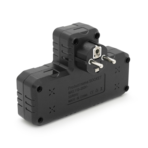 Розетка трійник Т-подібний із заземленням F302-Black, 2 розетки+3USB(1А), 2500W, 10A, 110-250V~Max, Blister